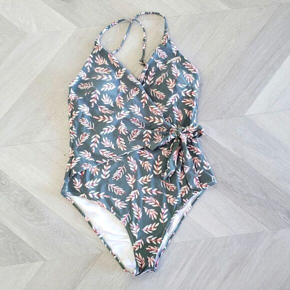 CUPSHE - pink and green leaf detail wrap one piece, Size LARGE - Picture 2 of 5